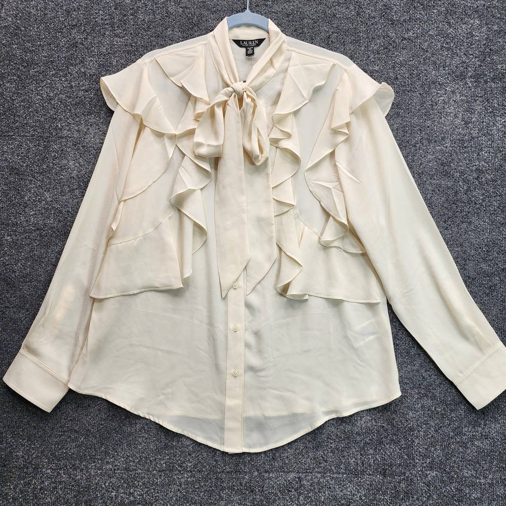 NWT Lauren Ralph Lauren Ruffle Tie Neck Romantic Victorian Blouse XL Cream - Picture 11 of 11